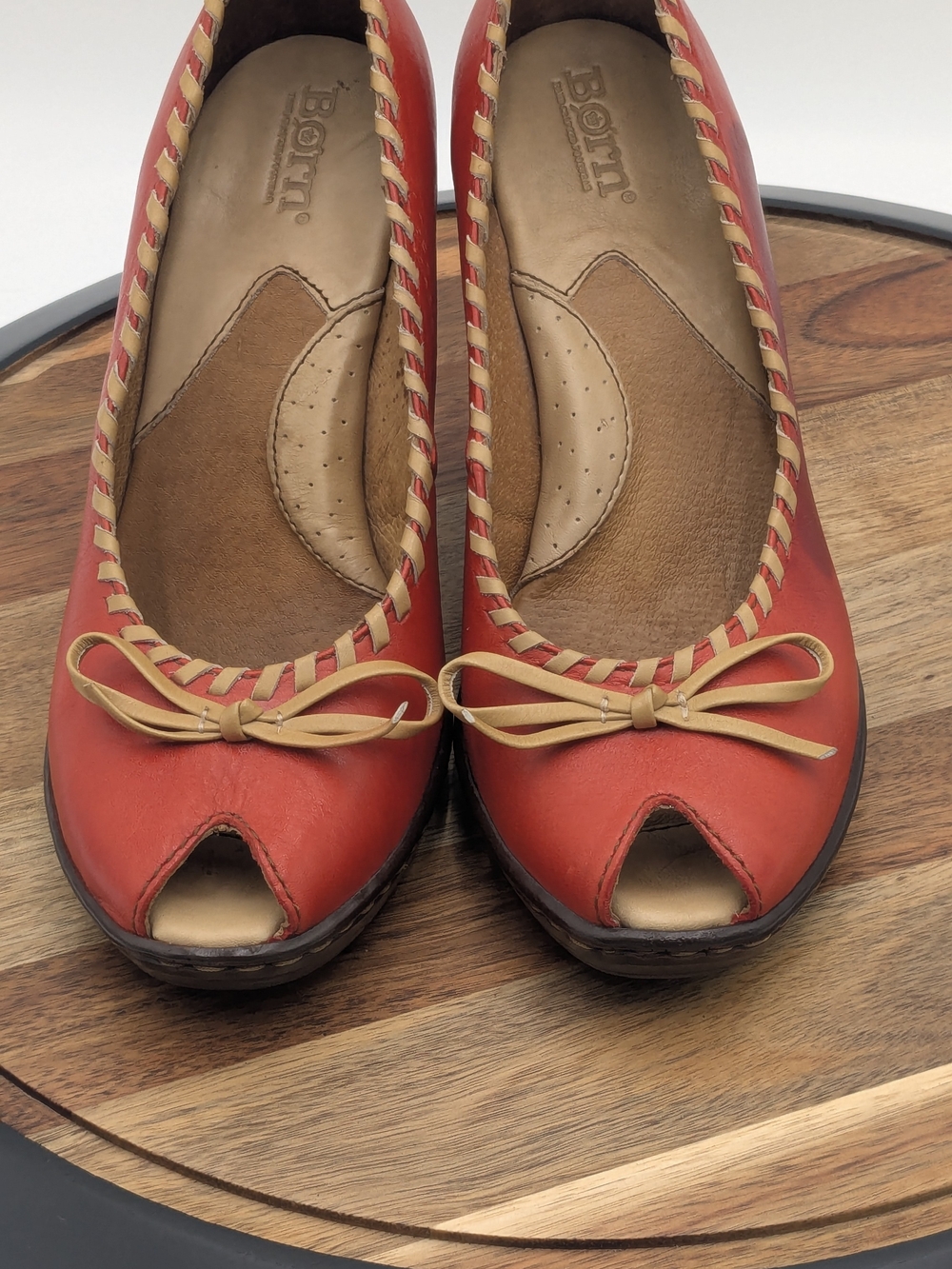 Vintage Born Red Leather Peep Toe Block Heel Pumps Whipstitch Bow Size 8
